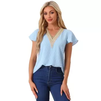 Блузка с v-образным вырезом для женщин, кружевные топы в горошек с кружевными крючками и оборками на рукавах ALLEGRA K, цвет Light Blue