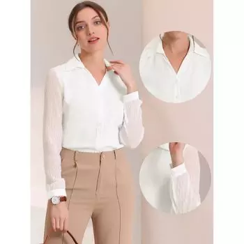 Блузка с V-образным вырезом для женщин, воротник с лацканами, сетчатая вставка, рукав-фонарь, элегантная офисная рабочая рубашка ALLEGRA K, белый