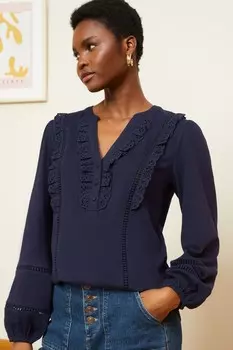 Блузка с V-образным вырезом и английской вышивкой Love & Roses, синий