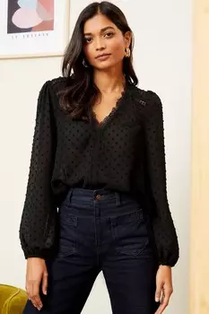 Блузка с V образным вырезом и кружевной отделкой из ткани «добби» Love & Roses, черный