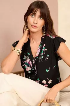 Блузка с V образным вырезом и рукавами крылышками, отделкой воланами Love & Roses, черный