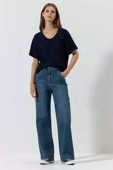 Блузка с V-образным вырезом из смесового шелка LUISA CERANO, темно-синий