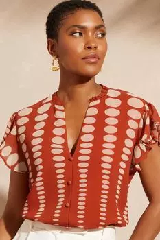 Блузка с V-образным вырезом расклешенными рукавами принтом и застежкой на пуговицы Love & Roses, оранжевый
