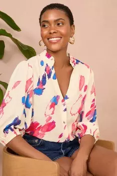 Блузка с v образным вырезом, рукавом 3/4, застежкой на пуговицы Love & Roses, белый