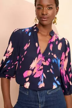 Блузка с v образным вырезом, рукавом 3/4, застежкой на пуговицы Love & Roses, синий