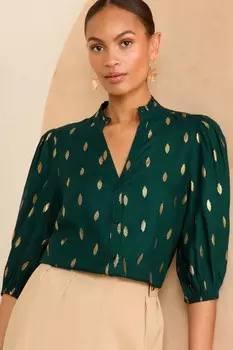 Блузка с v образным вырезом, рукавом 3/4, застежкой на пуговицы Love & Roses, зеленый