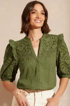 Блузка с V-образным вырезом рюшами и рукавами-буфами Love & Roses, зеленый