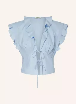 Блузка с воланами и драгоценными камнями Sandro, голубой