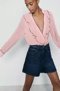 Блузка с воланами и контрастной отделкой ZARA, розовый