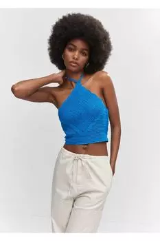 Блузка с воротником-бабочкой Mango, синий