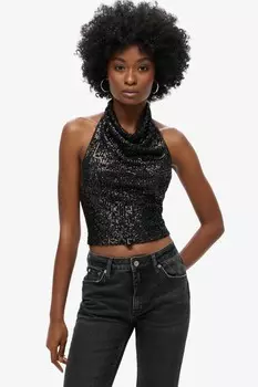 Блузка с воротником халтер и пайетками Superdry, черный