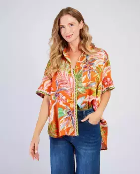 Блузка с воротником-лацкан и короткими рукавами Derhy, оранжевый