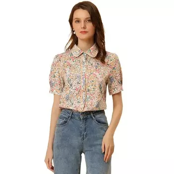 Блузка с воротником «Питер Пэн» для женщин. Женская рубашка с контрастной отделкой и пышными рукавами. Крестьянская рубашка с цветочным принтом. ALLEGRA K, белый