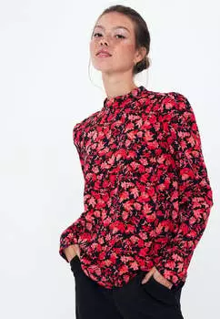 Блузка с воротником стойкой и длинными рукавами с черными мотивами Herita, красный