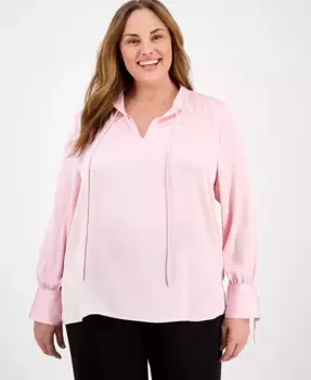 Блузка с воротником-стойкой и завязками больших размеров Anne Klein, розовый