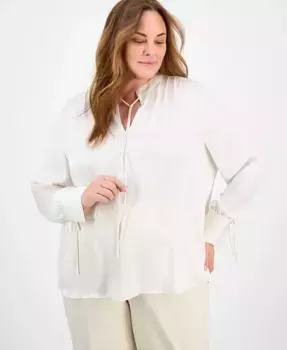 Блузка с воротником-стойкой и завязками больших размеров Anne Klein, белый