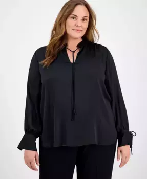 Блузка с воротником-стойкой и завязками больших размеров Anne Klein, черный