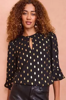 Блузка с вырезом замочной скважиной и принтом Love & Roses, черный