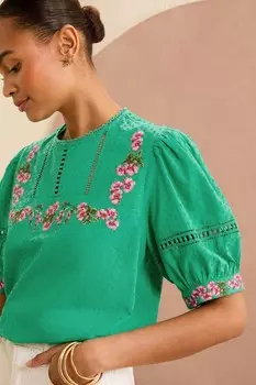 Блузка с вышитой кокеткой и рукавами-буфами Love & Roses, зеленый