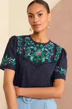 Блузка с вышитой кокеткой и рукавами фонариками Love & Roses, синий