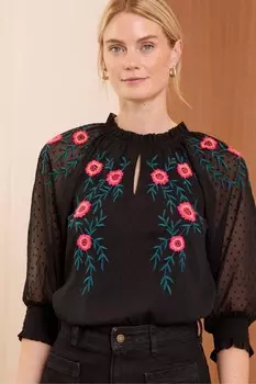 Блузка с вышитым рюшами на шее Love & Roses, черный