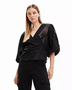 Блузка с вышивкой и запахом Desigual, черный