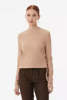 Блузка с высоким воротником и сборкой по бокам в рубчик Fullamoda, бежевый