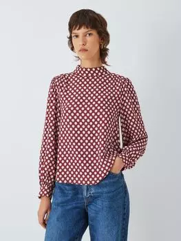 Блузка с высоким воротником и точечным принтом John Lewis, вино/мульти