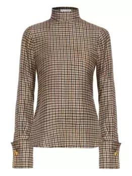 Блузка с высоким воротом и узором «гусиная лапка» Oscar de la Renta, коричневый