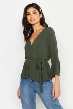 Блузка с запахом передней баской Boohoo, хаки