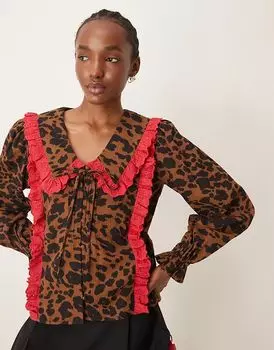 Блузка с завязками спереди и воротником-рюшами с леопардовым принтом Neon Rose