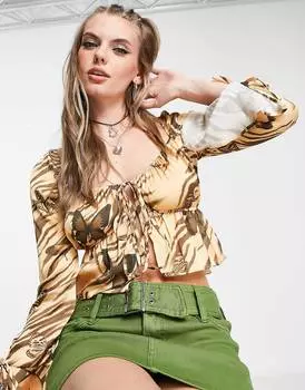 Блузка с завязками спереди, расклешенными рукавами и корсетом на груди с принтом \"зебра\" и бабочкой ASOS DESIGN