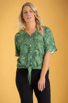 Блузка с завязкой спереди и принтом листьев Klass., хаки