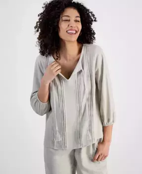 Блузка с завязывающимся воротником, декоративными защипами и отделкой (для миниатюрных) JM Collection, коричневый/бежевый