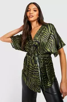 Блузка с зебровым принтом на завязке передней части Boohoo, хаки