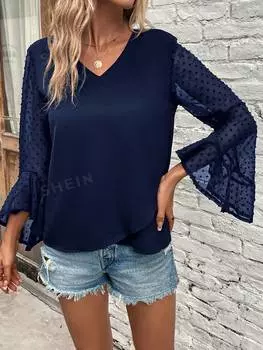 Блузка Shein Clasi Swiss с рукавами-колокольчиками, синий