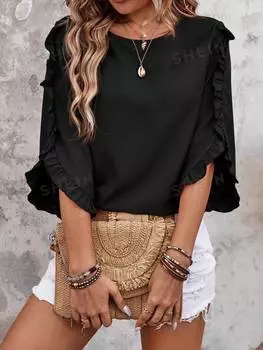 Блузка Shein Lune с круглым вырезом и рюшами, черный