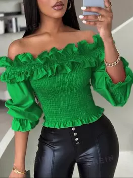 Блузка Shein Priv с открытыми плечами и оборками, зеленый