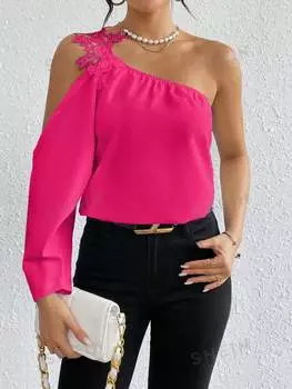 Блузка Shein Priv с рукавом-фонариком и гипюровым кружевом, ярко-розовый