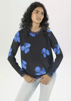 Блузка-слип Aniston SELECTED с цветочным принтом и полосатыми манжетами, цвет Schwarz-Blau-Braun