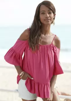 Блузка-слип "Баффало" из вискозного плетения, женская блузка с воланами, блузка с короткими рукавами Buffalo, розовый