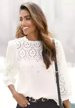 Блузка-слип LASCANA с вышивкой петельками и тонкими рюшами, женская блузка с рукавом 3/4, кремовый