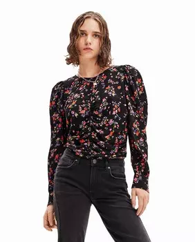 Блузка со сборками с цветочным принтом Desigual, черный