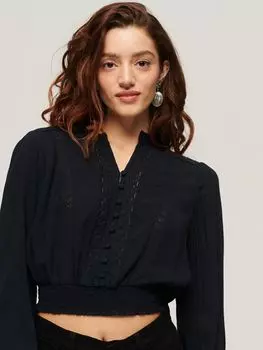 Блузка со сборками Superdry с длинными рукавами и кружевной отделкой, Eclipse Navy