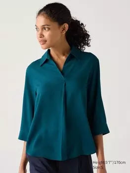 Блузка со шкиперским воротником из вискозы рукав 3/4 Uniqlo, зеленый