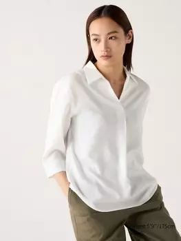 Блузка со шкиперским воротником из вискозы рукав 3/4 Uniqlo, белый