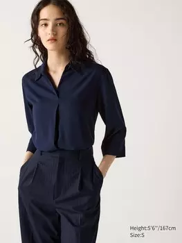 Блузка со шкиперским воротником из вискозы рукав 3/4 Uniqlo, синий