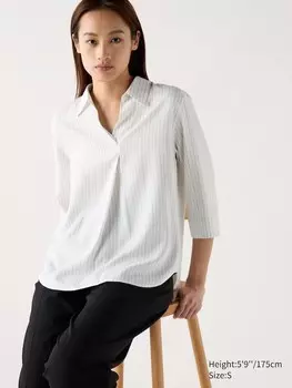Блузка со шкиперским воротником из вискозы в полоску, рукав 3/4 Uniqlo, белый