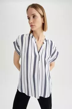 Блузка стандартного кроя с круглым вырезом и короткими рукавами DeFacto, темно-синий