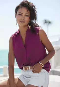 Блузка-топ LASCANA, выполненная из мягкой ткани с содержанием льна, женская блузка с рубашечным воротником, цвет Aubergine